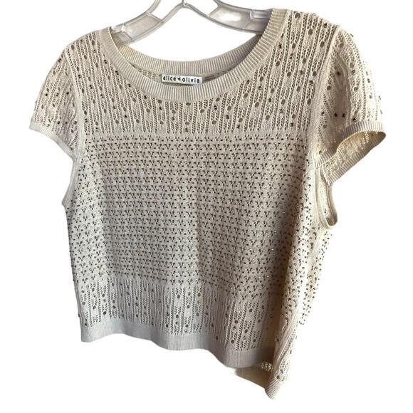 Alice + Olivia Linen Blend Pointelle Knit Beaded Cap Sleeve Cropped Sweater Top - Picture 4 of 9